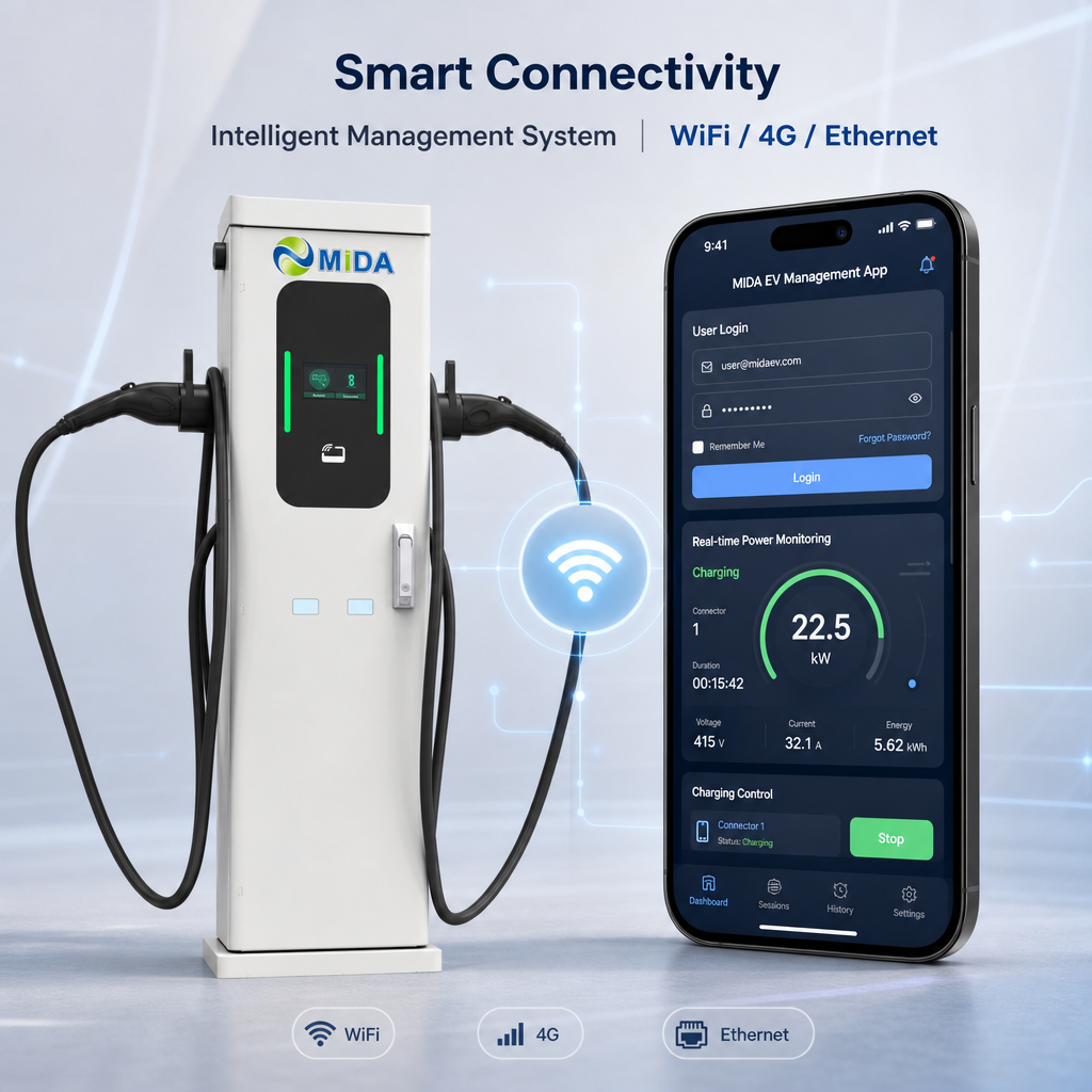 MIDA 22kW 44kw Type 2 Floor Mounted AC EV Charging Station Pedestal Smart Level 2 EVSE With RFID APP Control - Dual-Gun Ready with Safe Type 2 Cable Design