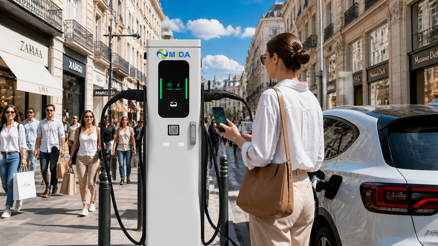 MIDA 14kW 22kW Type 2 Floor Mounted EV Charging Station Pedestal Level 2 Smart EVSE With RFID APP Control CE - Dual-Gun Ready with Safe Type 2 Cable Design