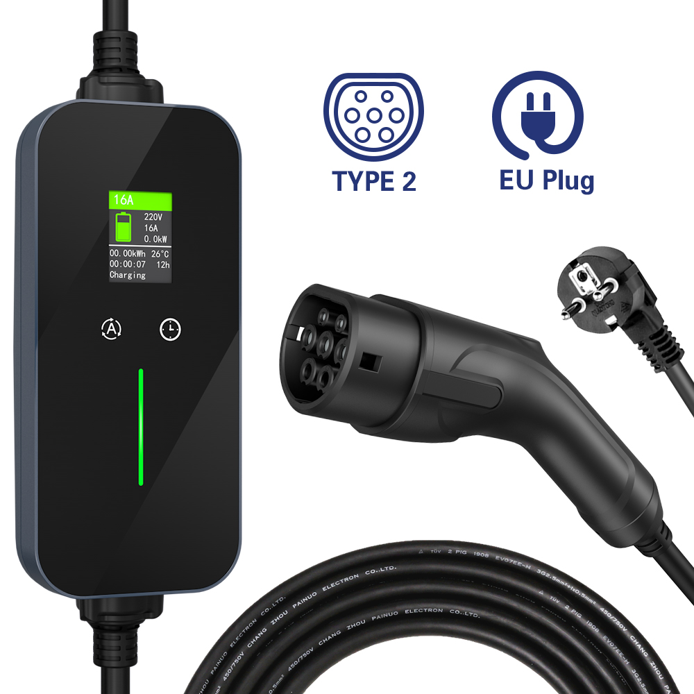 中国TUVポータブルEV充電器16A 3.6kW IP67 LEDスクリーンタイプ2充電