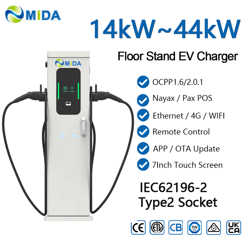 MIDA Professional 14kW 22kW Floor Mounted Pedestal EV Charging Station Smart Level 2 EVSE With OCPP 1.6J Wifi - Dual-Gun Ready with Safe Type 2 Cable Design