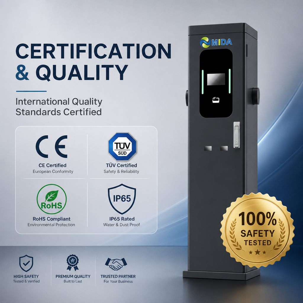 Professional 22kW 44kW Double Socket Floor Mounted AC EV Charging Station Pedestal Commercial Level 2 EVSE CE - Dual-Socket Ready with Safe Type 2 Socket Design