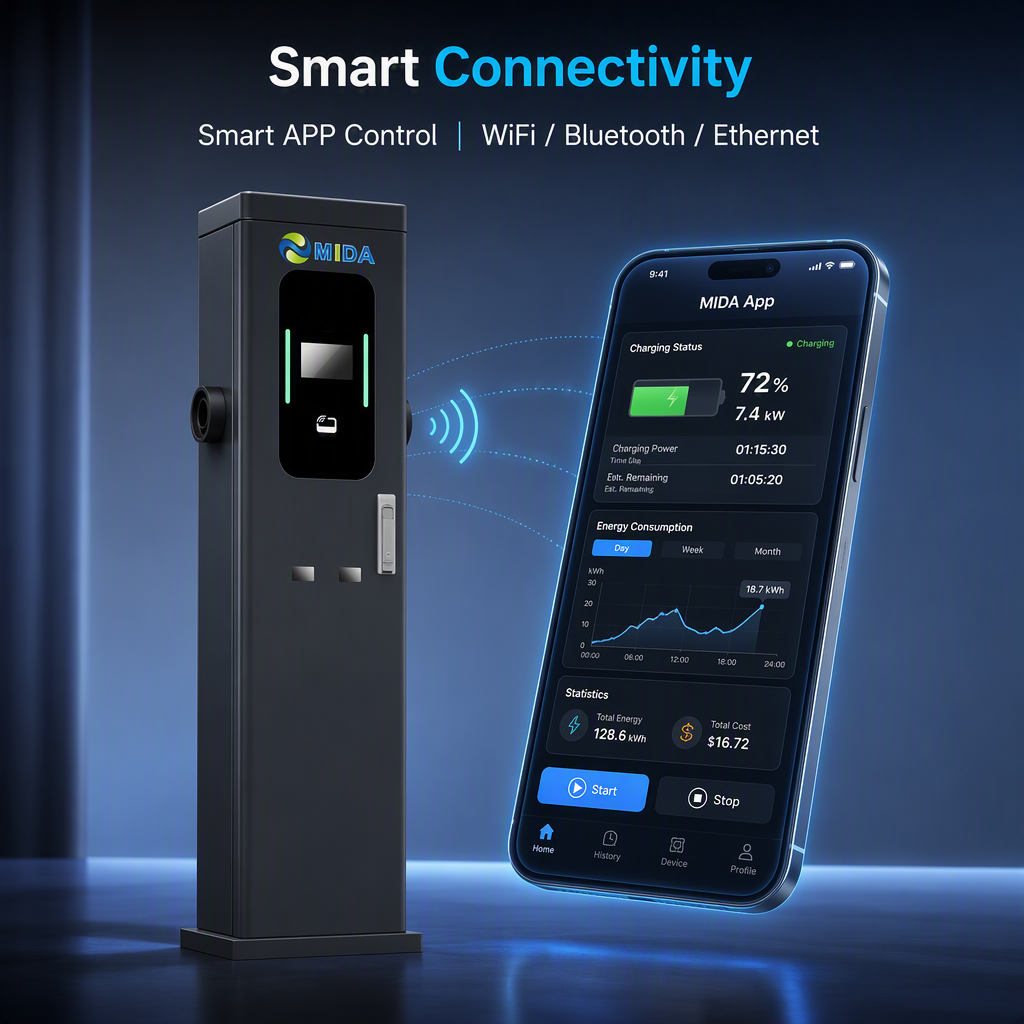 MIDA 22kW 44kW Dual Socket Floor Mounted Pedestal EV Charging Station Smart Level 2 EVSE With OCPP 1.6J Wifi - Smart, Networked and Payment-Ready