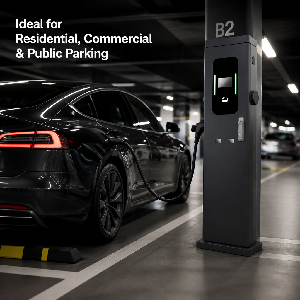 MIDA 22kW Socket Floor Mounted AC EV Charging Station Pedestal Smart Level EVSE Commercial Grade TUV Certified - Dual-Socket Ready with Safe Type 2 Socket Design