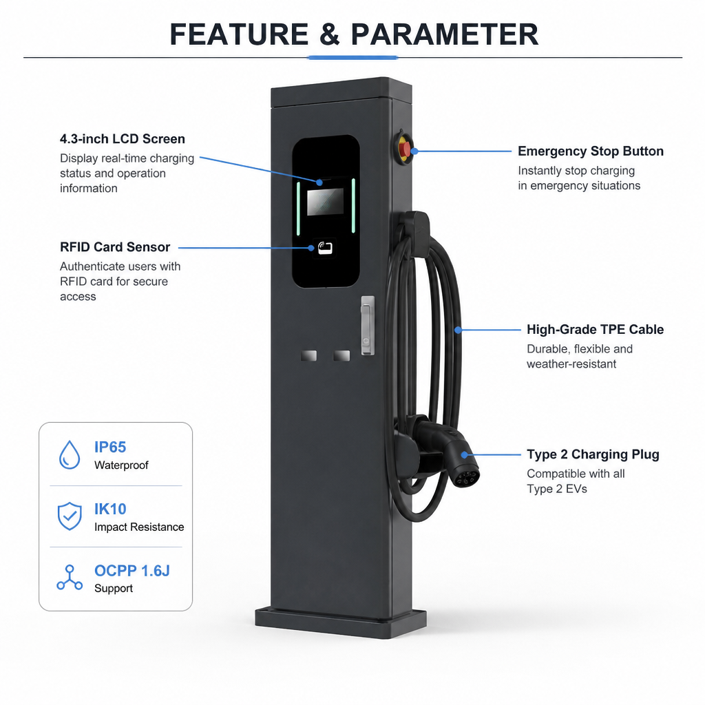 22kW 44kW Dual Socket Pedestal EV Charging Station Floor Mounted Commercial Level 2 Smart AC Charger With RFID - Dual-Socket Ready with Safe Type 2 Socket Design