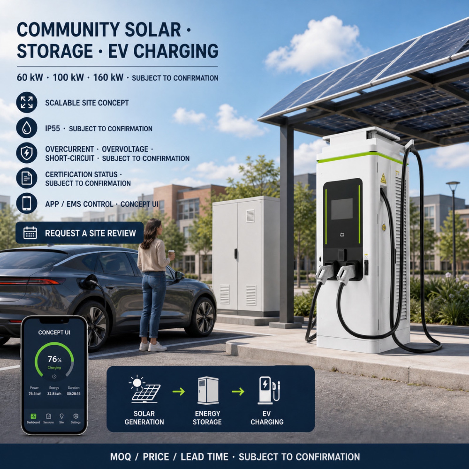 Industrial Solar DC DC 90kW 150kW NACS Winter EV Charging Station EV Infrastructure Project - Grid-Tie, Off-Grid and Hybrid Operation