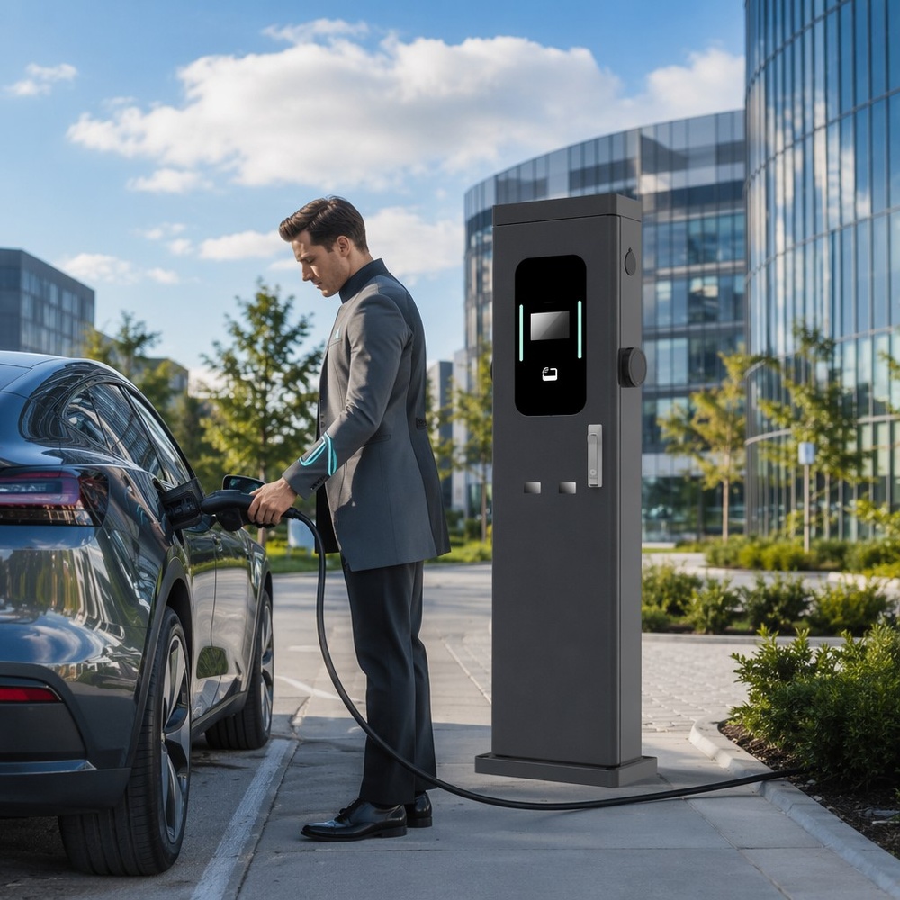 22kW 44kW Dual Socket Pedestal EV Charging Station Floor Mounted Commercial Level 2 Smart AC Charger With RFID - Smart, Networked and Payment-Ready