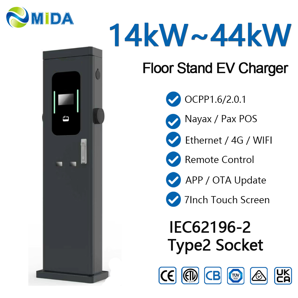 Commercial 22kW 44kW Dual Socket Pedestal Floor Mounted AC EV Charging Station Smart Level EVSE Fully Certified TUV - Dual-Socket Ready with Safe Type 2 Socket Design
