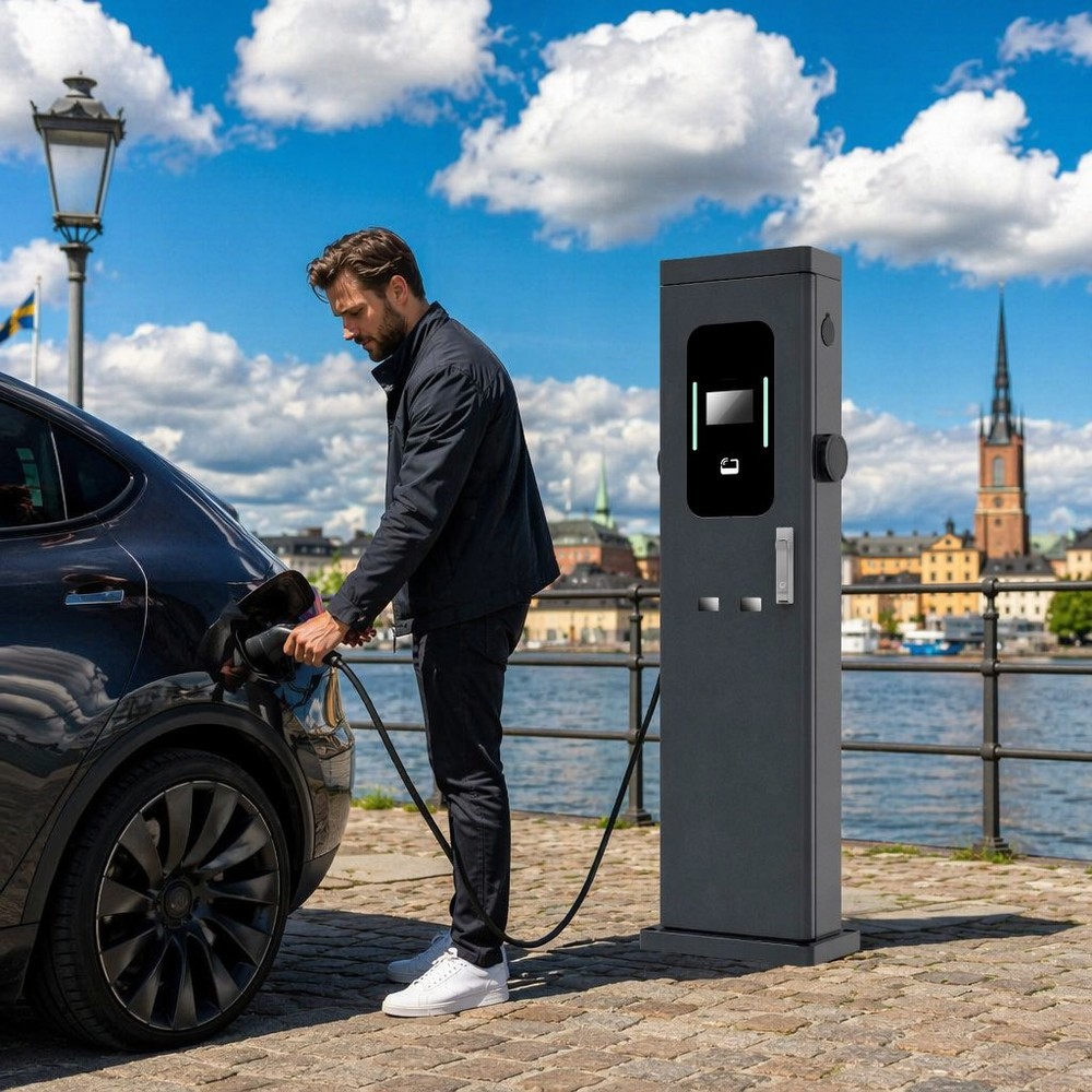 MIDA 22kW 44kW Dual Socket Floor Mounted AC EV Charging Station Pedestal Smart Double Gun EVSE With RFID APP - Built for Commercial Outdoor Duty