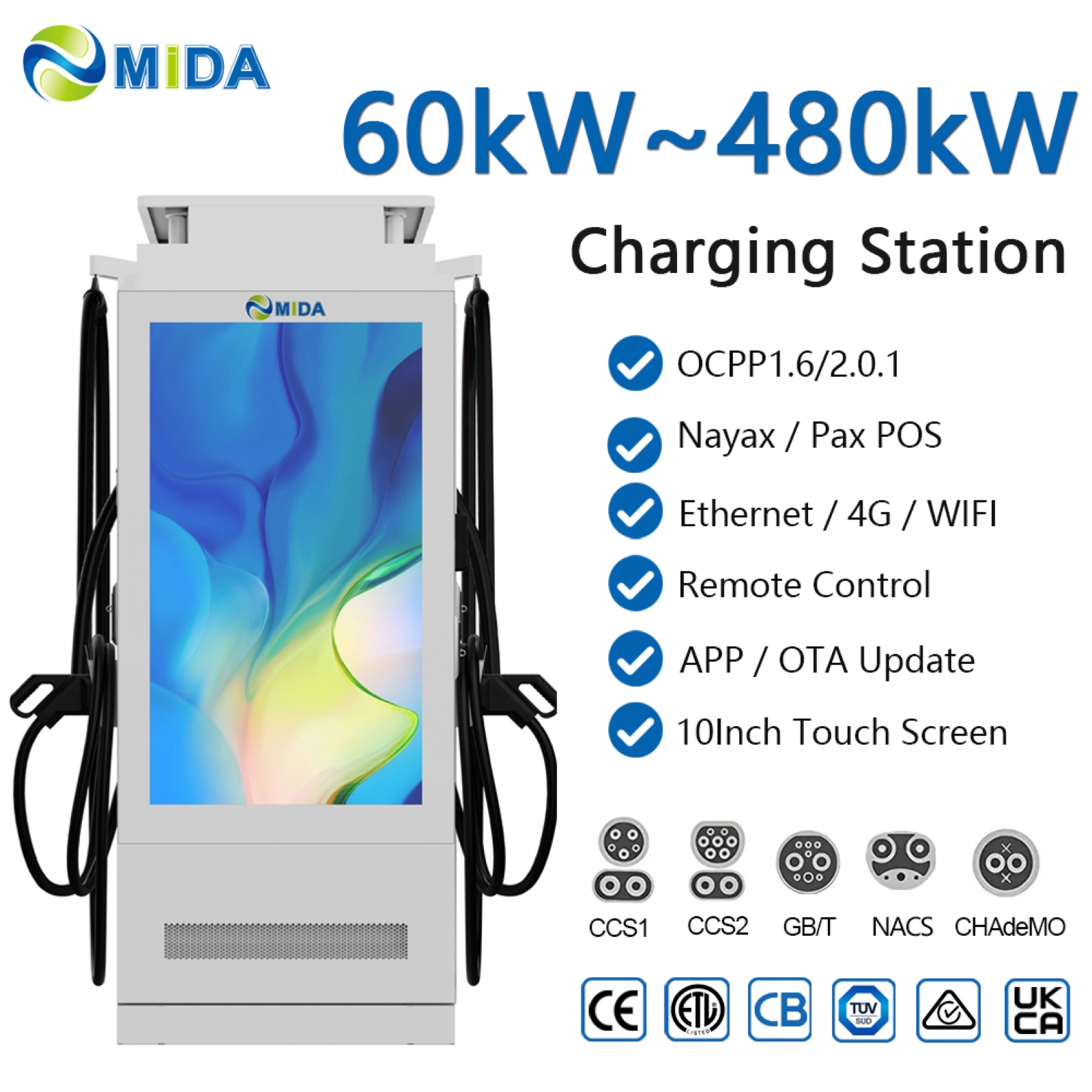 MIDA Power 100kW 320kW Advertising Display Pedestal EV Fast Charger Dual Connector Commercial - Safety, Compliance and Long Service Life