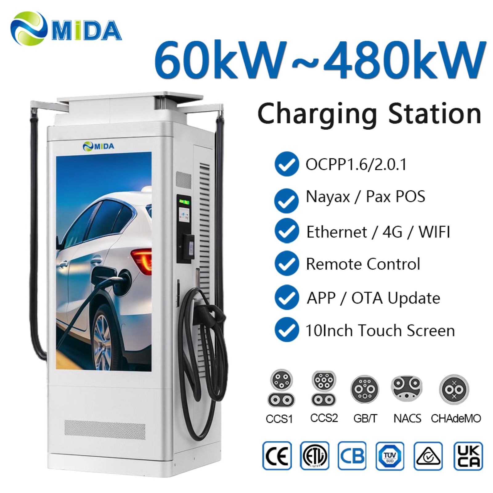 MIDA Power 100kW 320kW Advertising Display Pedestal EV Fast Charger Dual Connector Commercial - Built for Demanding Outdoor Commercial Duty