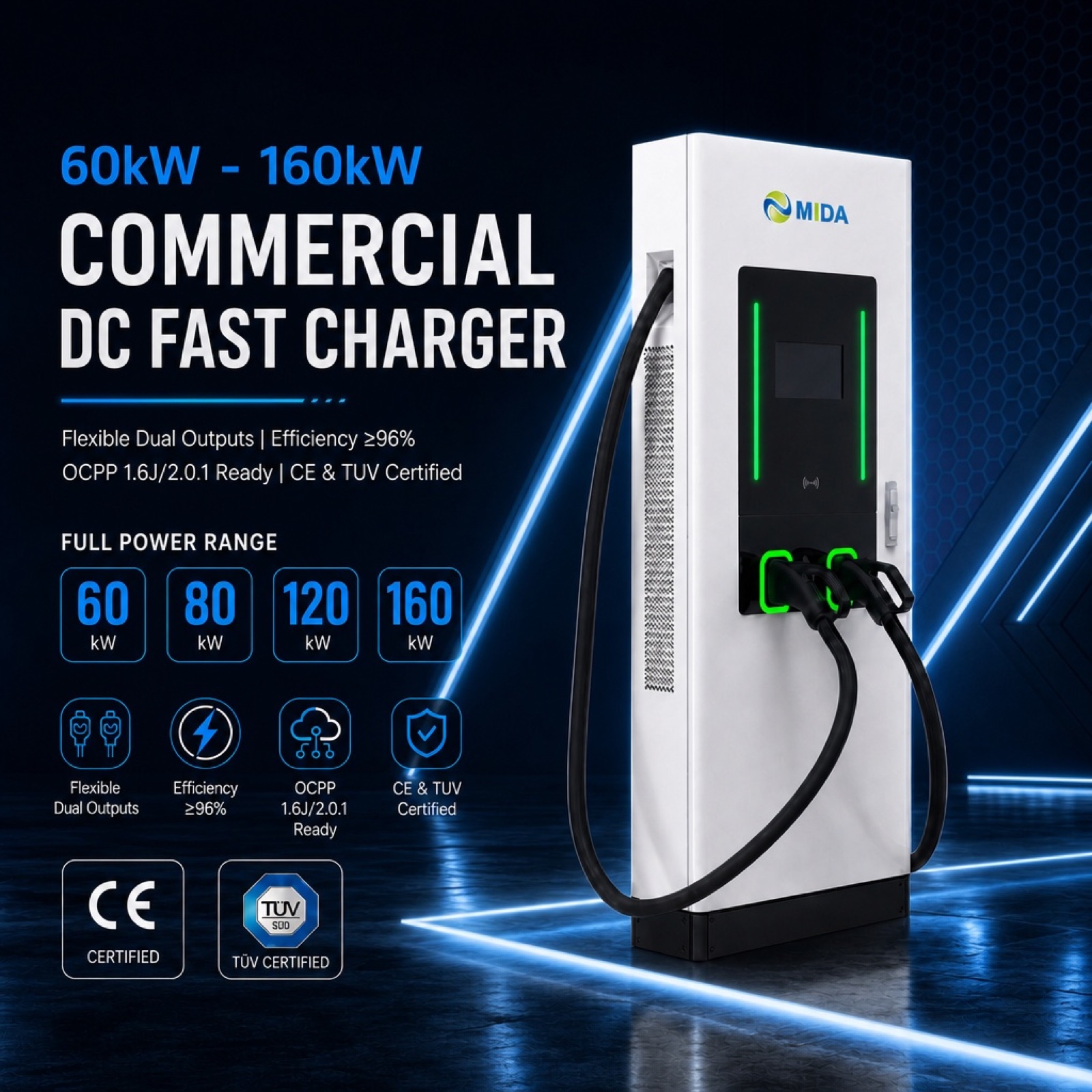 MIDA 80kW 100kW Public DC Floor Standing Fast Charging Station OCPP - Built for Demanding Commercial Outdoor Duty