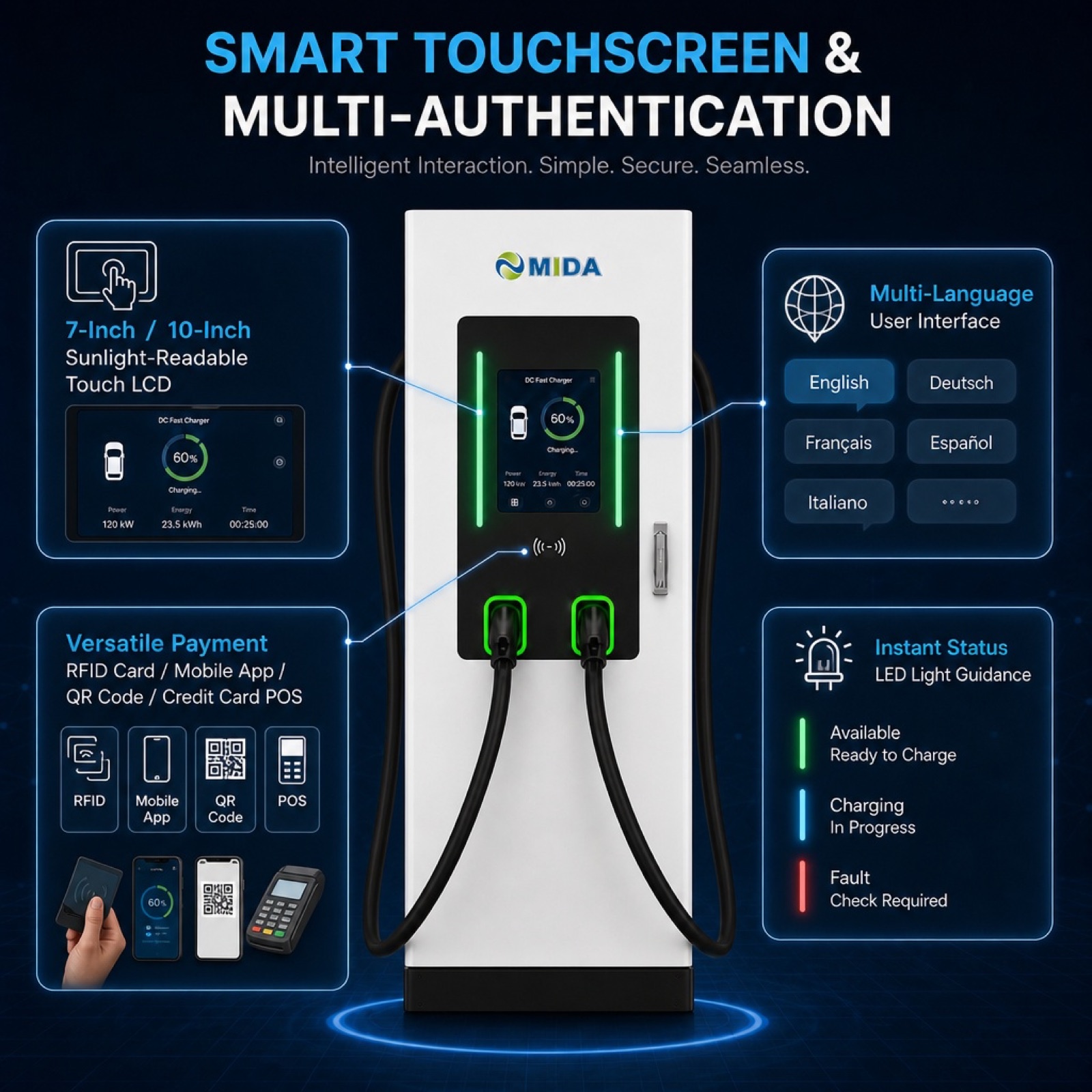 60kW 90kW 160kW Commercial DC Floor Standing EV Fast Charger CCS2 - Built for Demanding Commercial Outdoor Duty