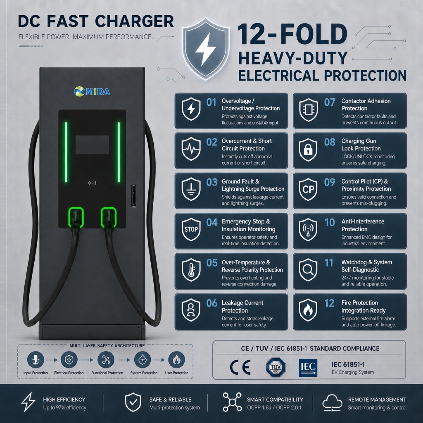 MIDA 80kW 160kW Solar PV DC Floor Standing EV Charging Station - Smart Energy Management and Global Support