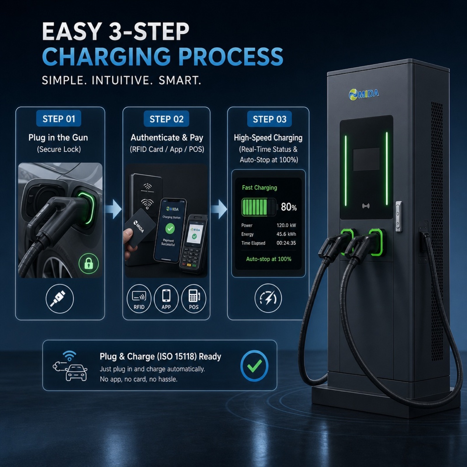 80kW 100kW 120kW Solar PV DC DC EV Charging Station Floor Standing - Built for Rugged Outdoor Solar Sites