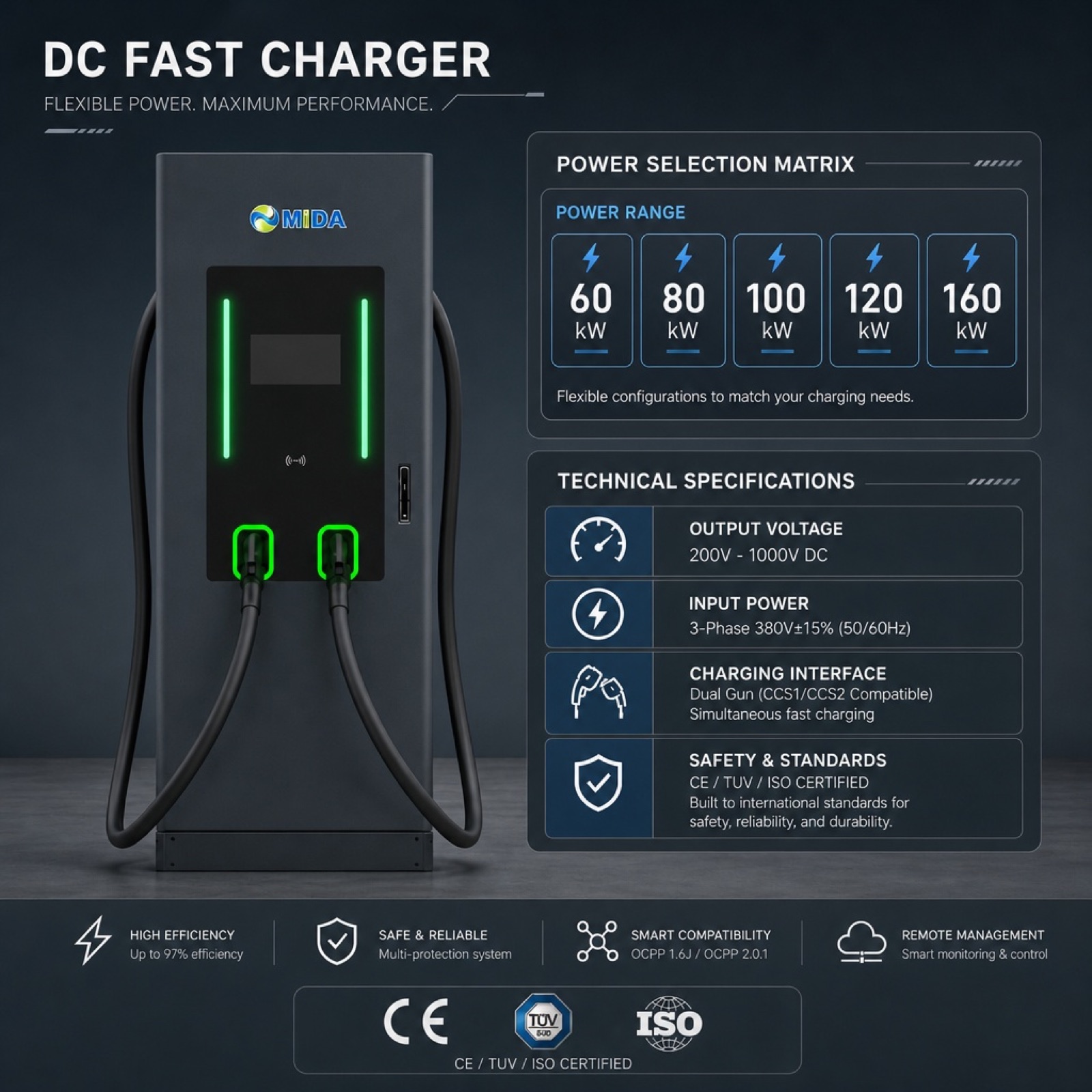 80kW 90kW 120kW DC DC Solar PV EV Fast Charger Floor Standing - Built for Rugged Outdoor Solar Sites