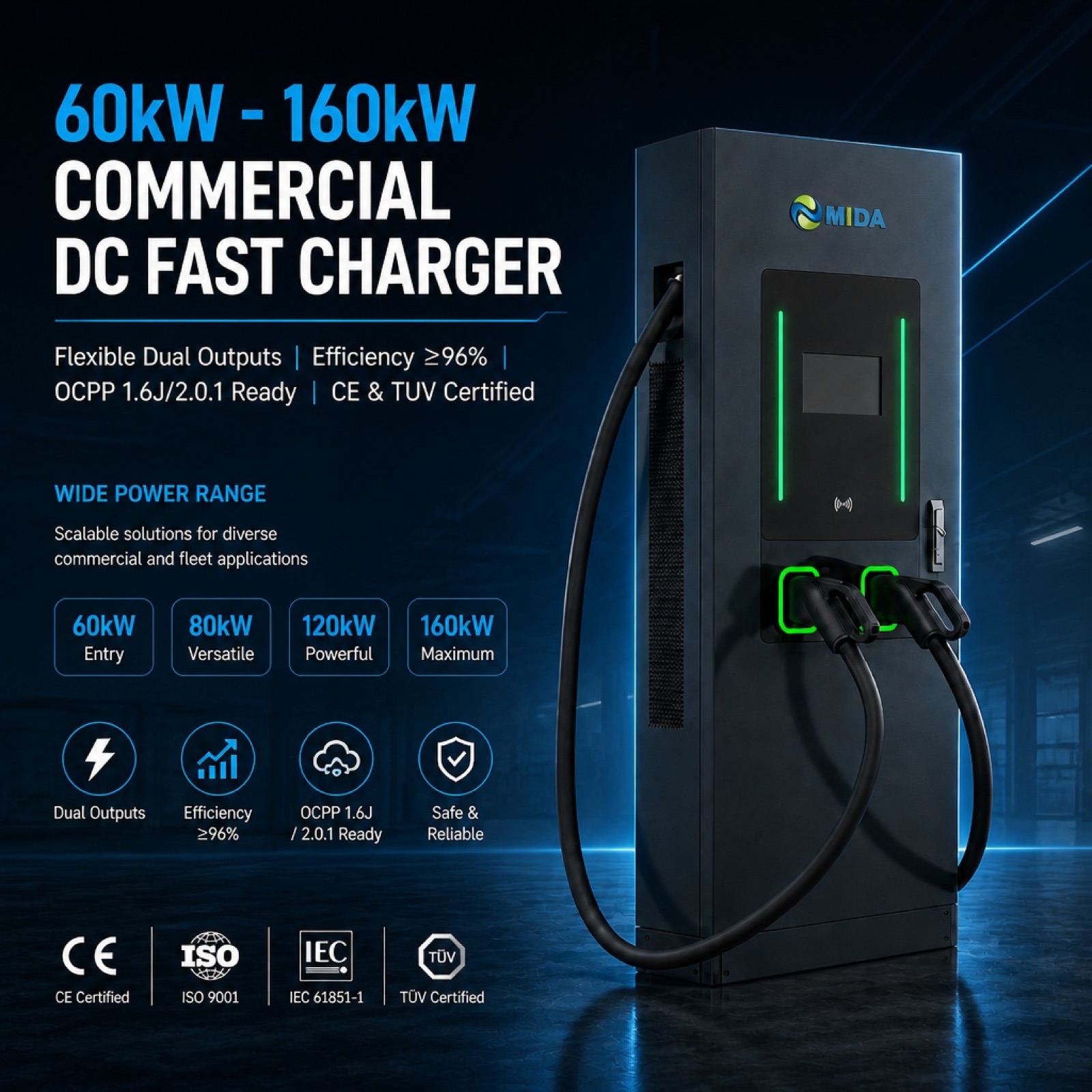 MIDA 100kW 120kW Solar Powered DC Floor Standing EV Fast Charging - Built for Rugged Outdoor Solar Sites