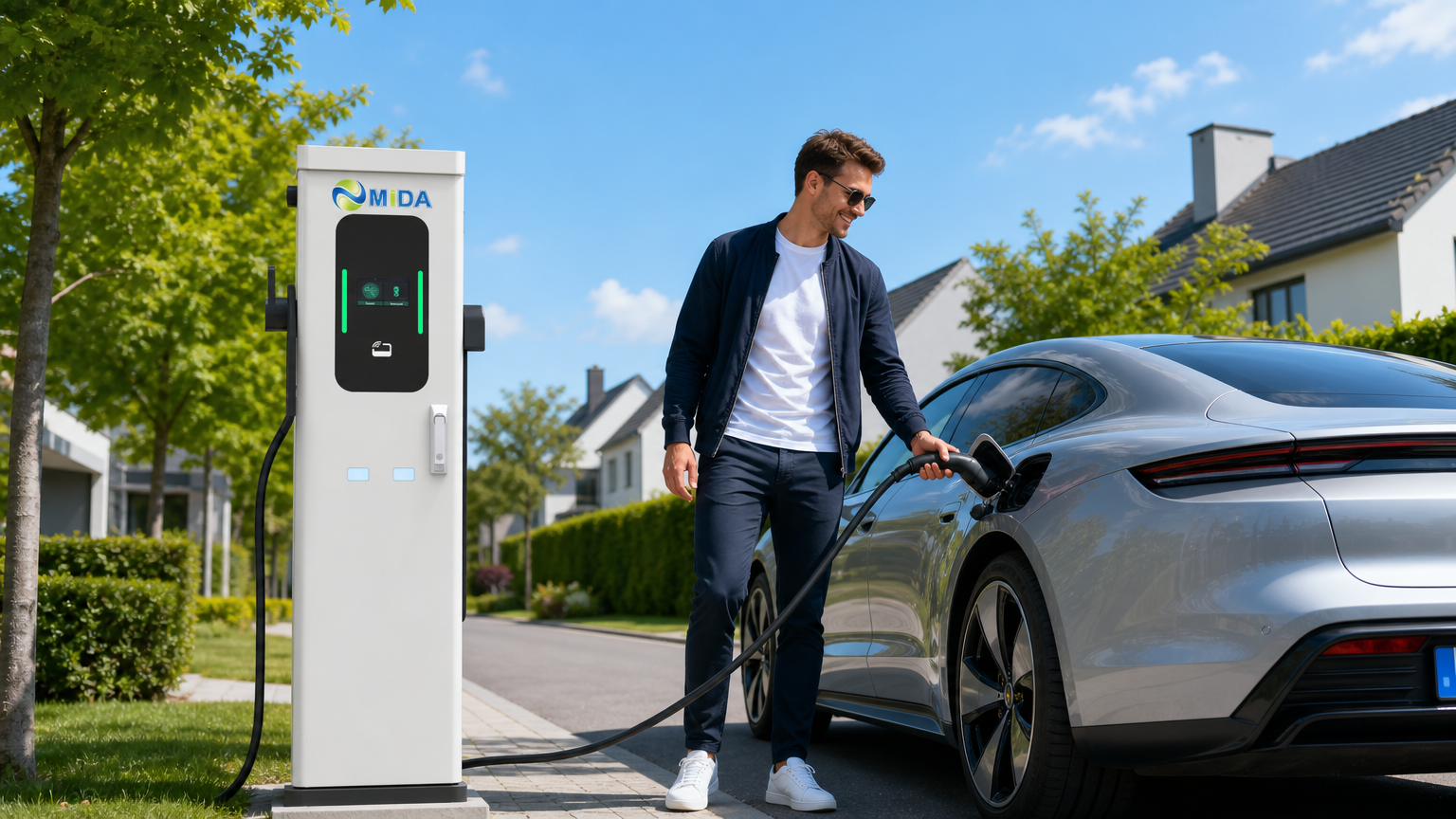 MIDA 22kW 44kw Type 2 Floor Mounted AC EV Charging Station Pedestal Smart Level 2 EVSE With RFID APP Control - Built for Commercial Outdoor Duty