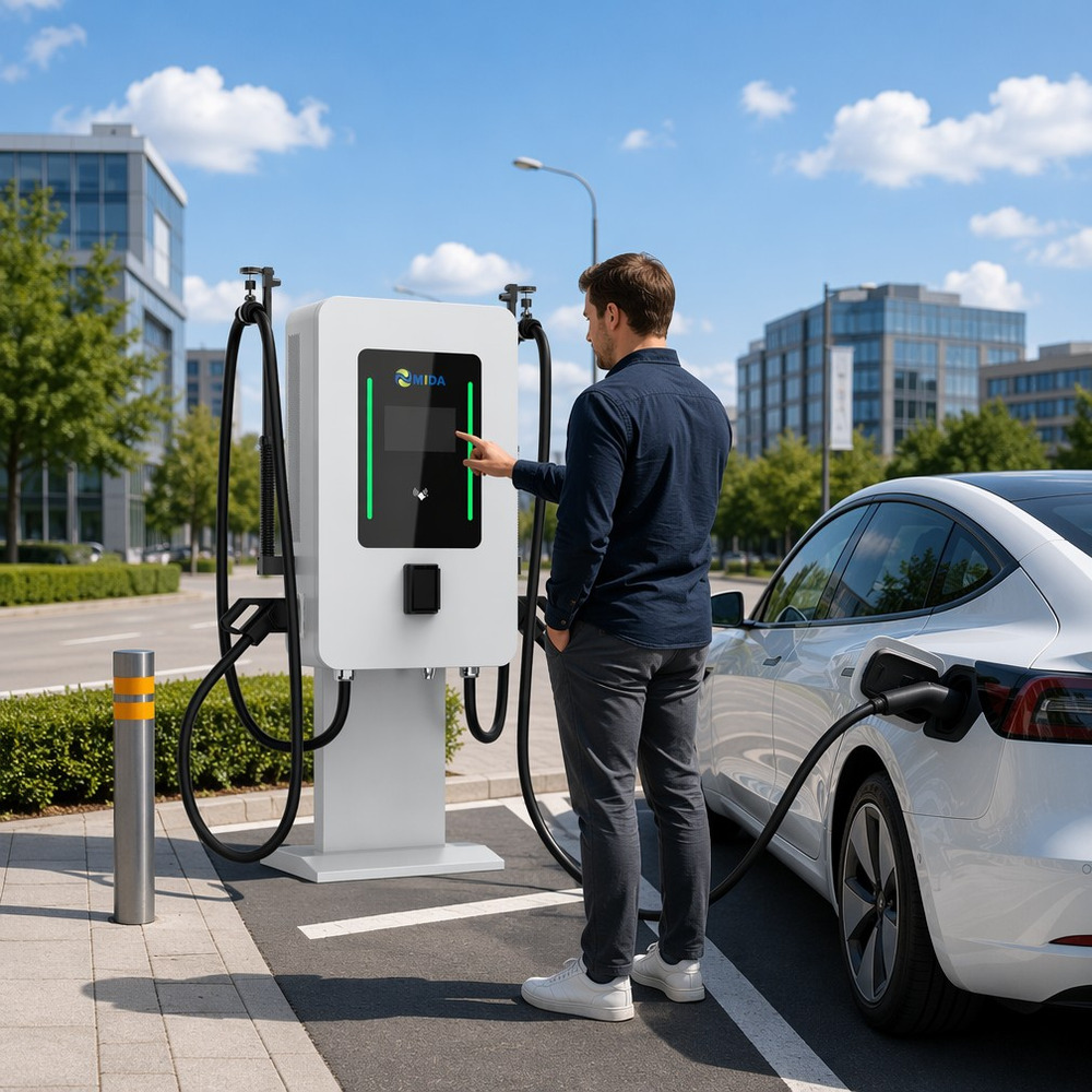 Urban-DC-EV-charging-station-blue-sky-clouds